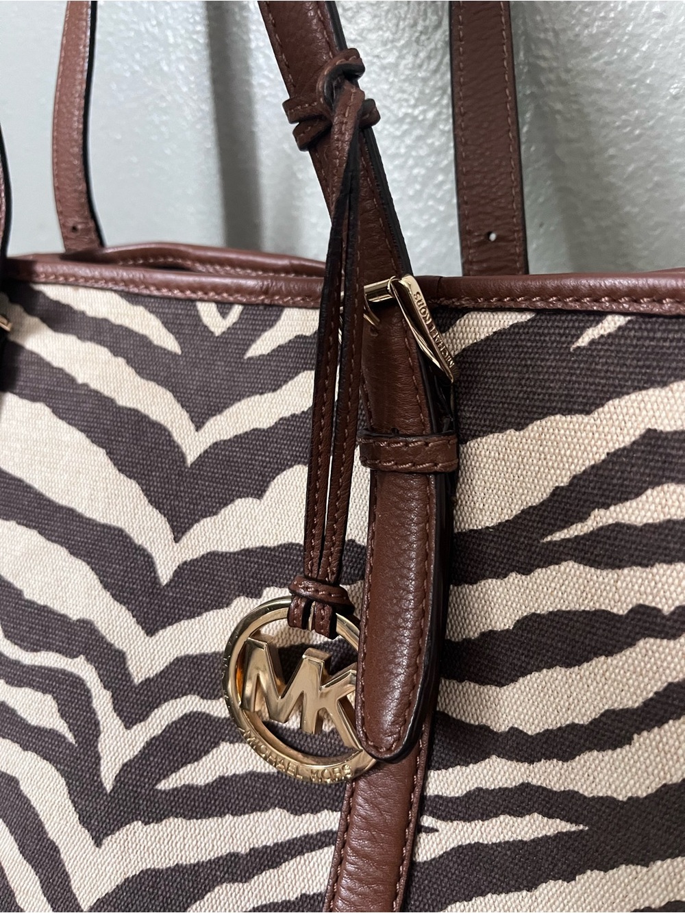 Michael Kors Black and White Zebra Canvas Tote with Brown Leather Trim - Picture 7 of 14